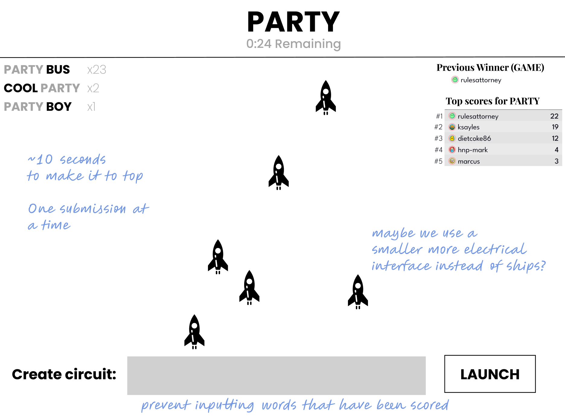 Zach's initial sketch of the rocket launch concept